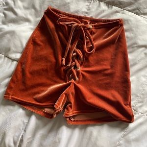 High waisted velvet front lace up shorts